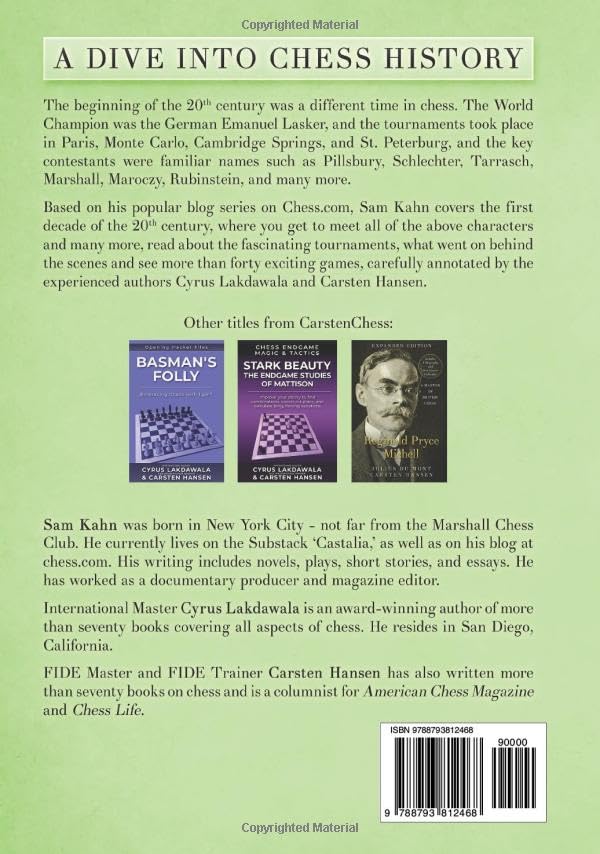 Dies ist ein Bild der Rückseite des Schachbuches A Century of Chess - Book I: 1900-1909 von Carsten und Lakdawala