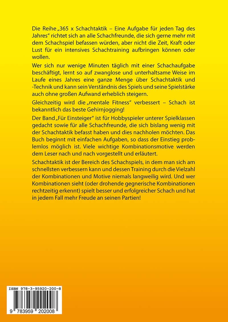 Buchcover von „365 x Schachtaktik für Einsteiger“ von Harald Brunthaler – Schachbuch mit täglichen Taktikaufgaben für Anfänger und Kinder.