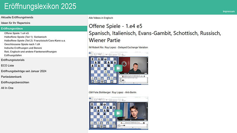 ChessBase Eröffnungslexikon 2025 Screenshot Offene Spiele 1. e4 e5