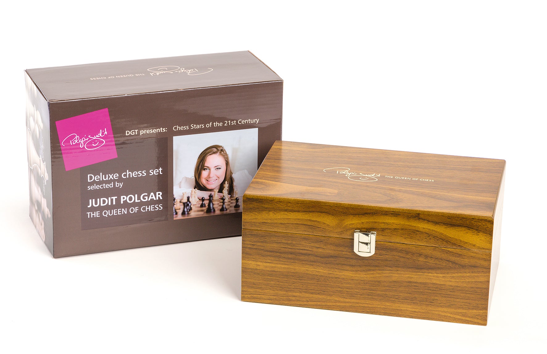 Deluxe-Holzbox für Schachfiguren – Walnussholz mit passgenauem Inlay, Judit Polgár Edition