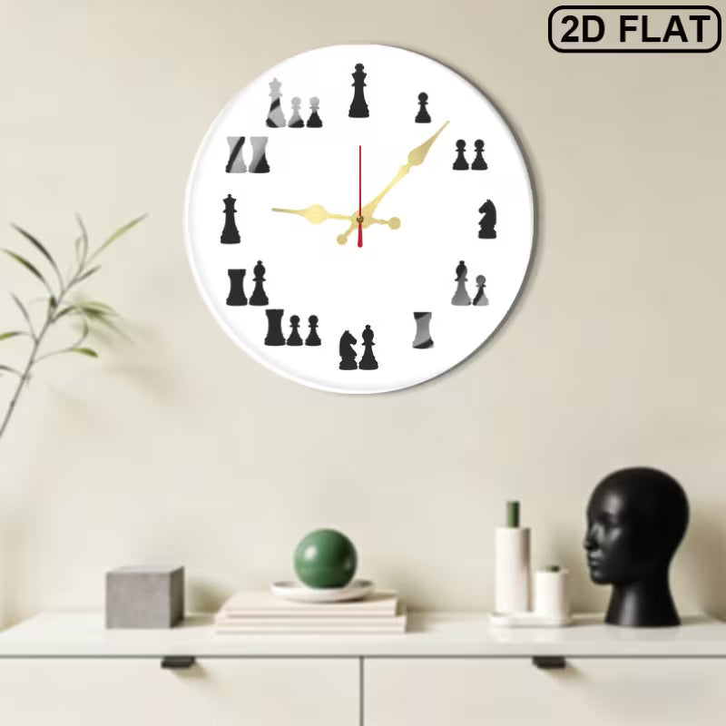 Runde Schach-Wanduhr aus Acryl mit dekorativ angeordneten Schachfiguren und geräuscharmem Quarzwerk für Wohnzimmer, Büro oder Arbeitszimmer.