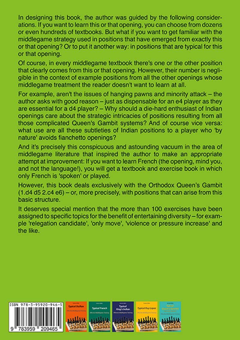 Buchcover von „Typical Queen’s Gambit – Orthodox Variation“ von Karsten Müller – Schachbuch über typische Mittelspielstrategien im orthodoxen Damengambit.