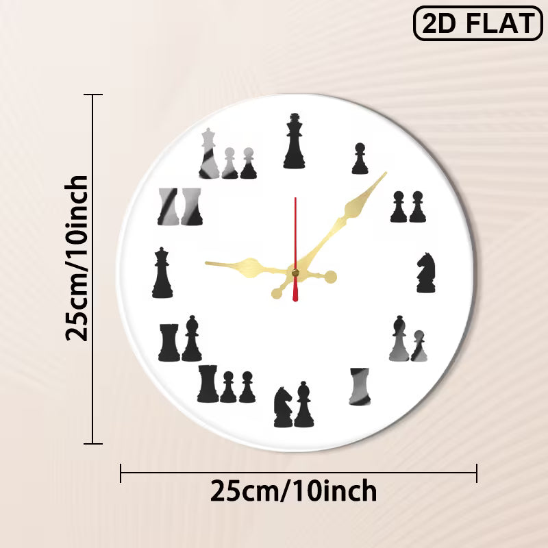 Dekorative Schach-Wanduhr aus Acryl mit Schachfiguren als Stundenmarkierungen. Die Uhrzeit wird über den Figurenwert dargestellt und von einem leisen Quarzwerk mit AA-Batterie betrieben.