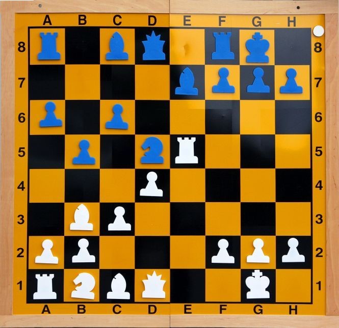 Demo-Schachbrett klappbar, magnetisch, 86 x 86 cm, mit Figuren weiß & blau