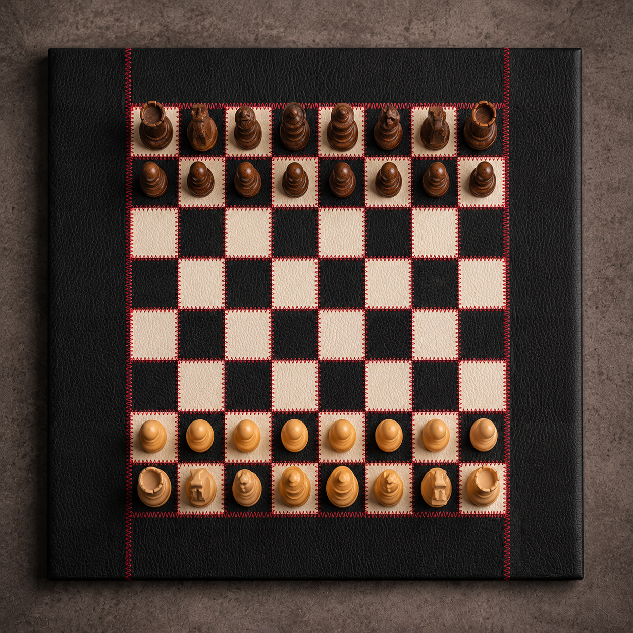 Luxus Schachset Black Red mit echtem Lederbrett