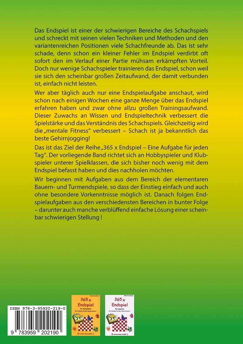 Buchcover „365 x Endspiel für Einsteiger“ von Robert Brunthaler – Übungsbuch mit 365 täglichen Endspielaufgaben für Anfänger.
