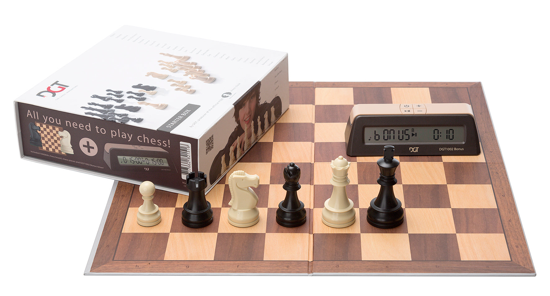 Dies ist Bild des Schachsets Chess Starter Box inklusive Schachuhr vom DGT