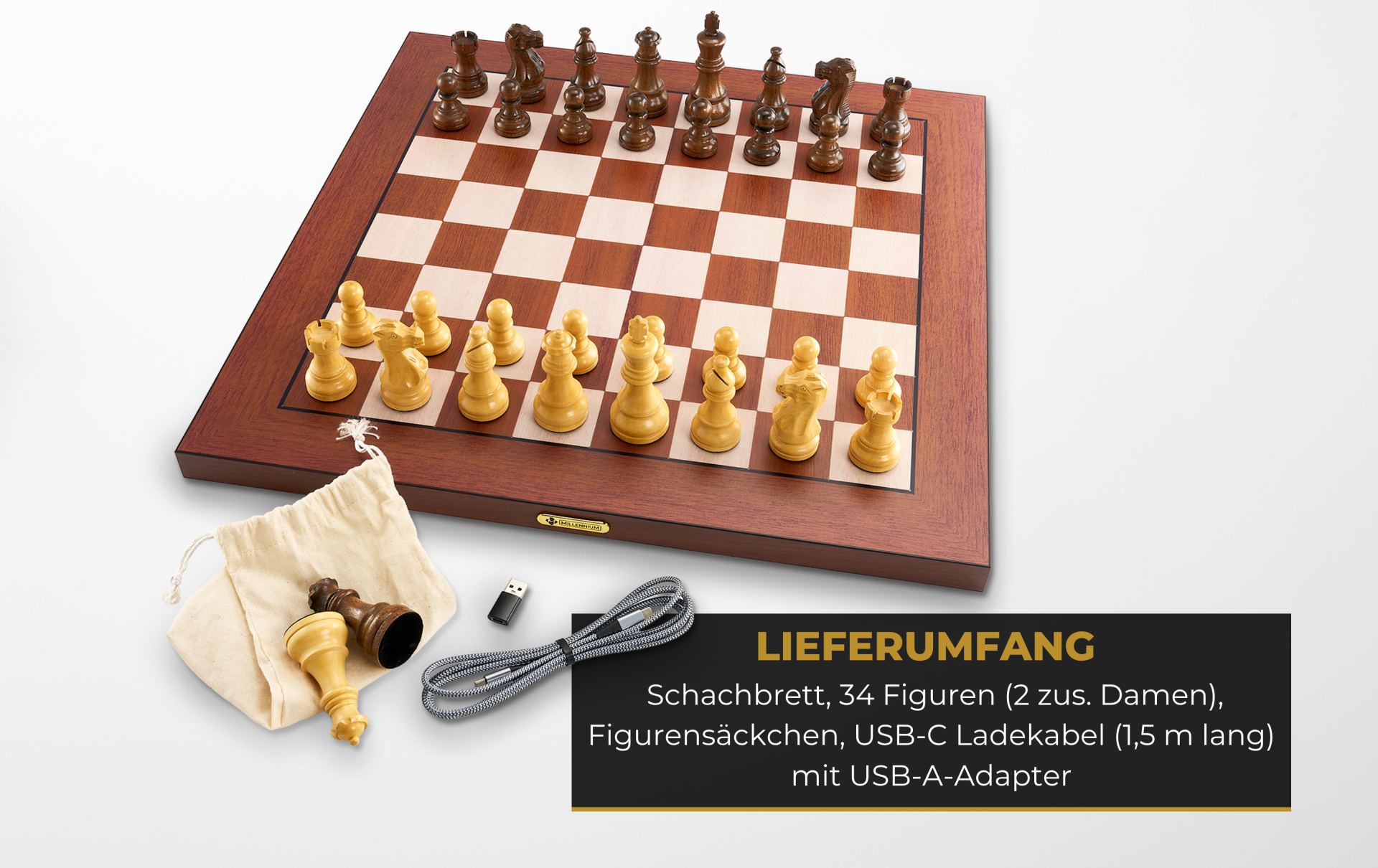 Millennium Supreme T2 Schachcomputer – Premium E-Schachbrett mit Bluetooth, Holzdesign & LED-Zuganzeige