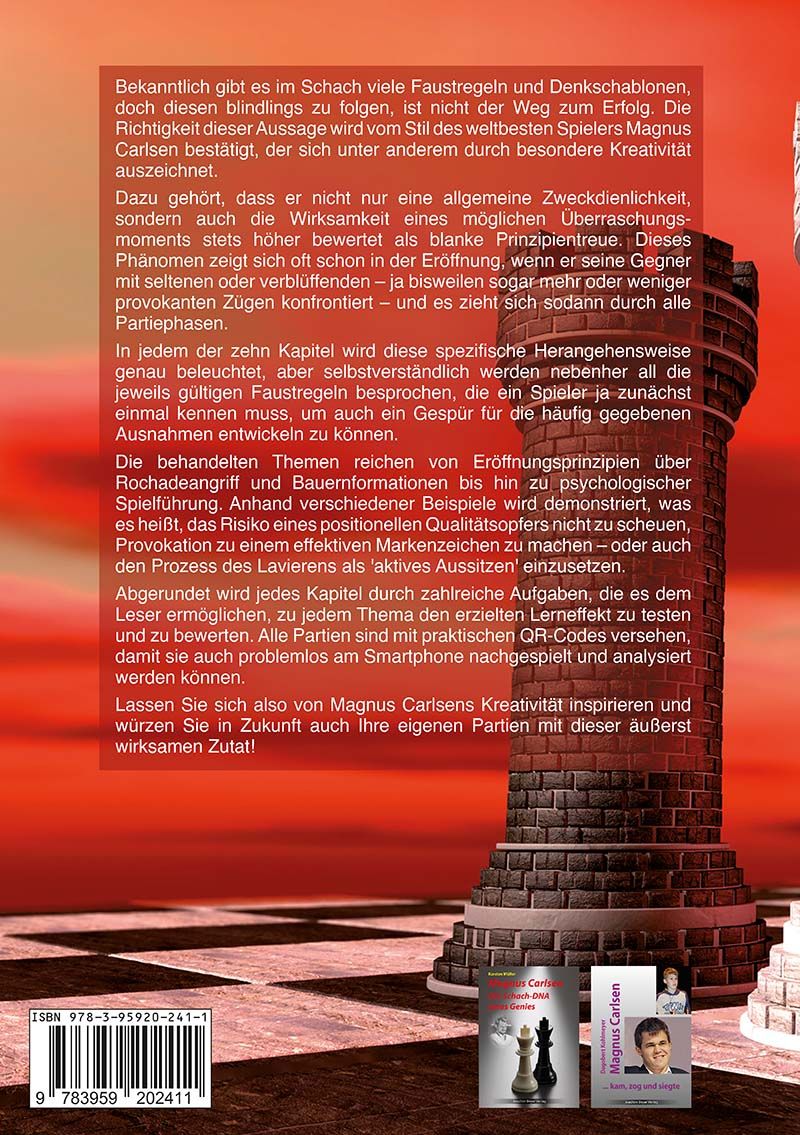 Buchcover von „Magnus Carlsen – Die Kreativität eines Genies“ von Karsten Müller – Schachbuch über kreative Strategien und die Spielweise von Magnus Carlsen.