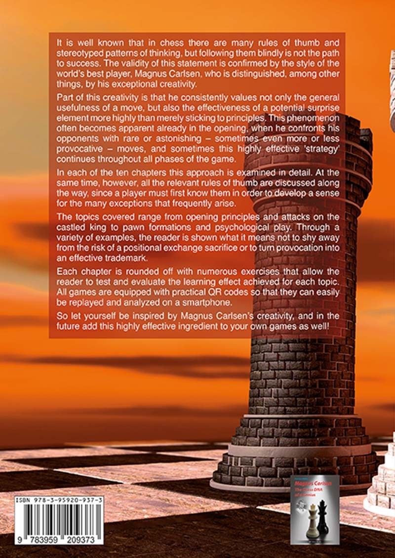 Buchcover von „Magnus Carlsen – The Creativity of a Genius“ von Karsten Müller – Schachbuch über kreative Strategien und die Spielweise von Magnus Carlsen.