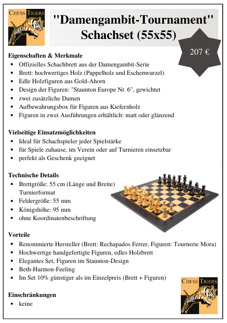 Damengambit Tournament Schachset Produktinfoblatt