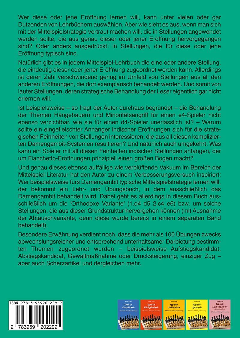 Buchcover von „Typisch Damengambit – Orthodoxe Variante“ von Karsten Müller – Schachbuch über typische Mittelspielstrategien im orthodoxen Damengambit.